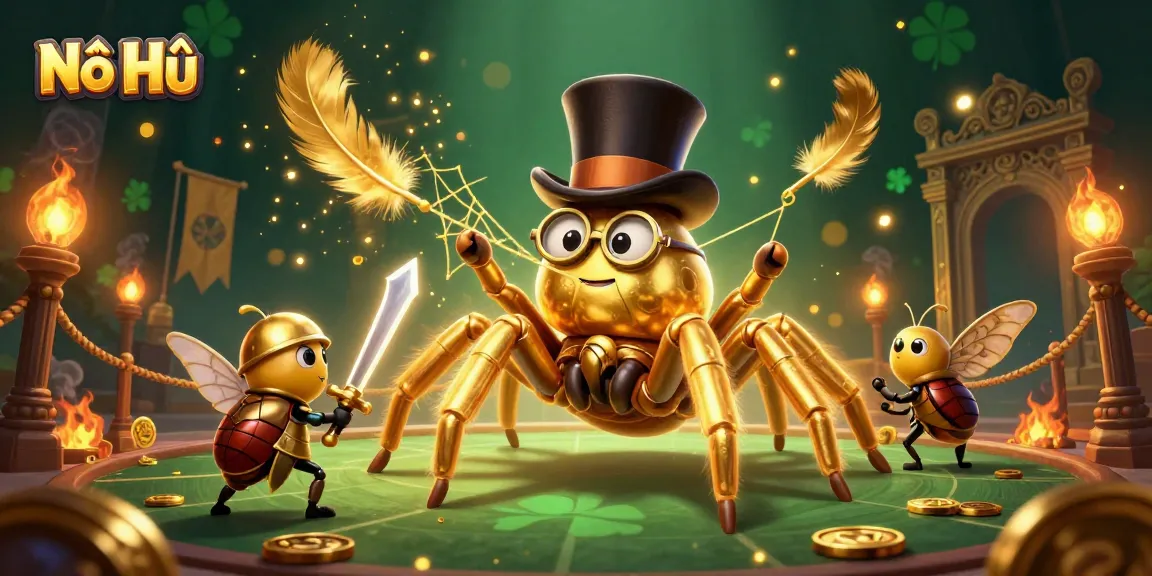 Nổ Hũ spins to win in a vibrant casino scene with a golden tarantula, beetle knight, and dynamic gameplay elements.