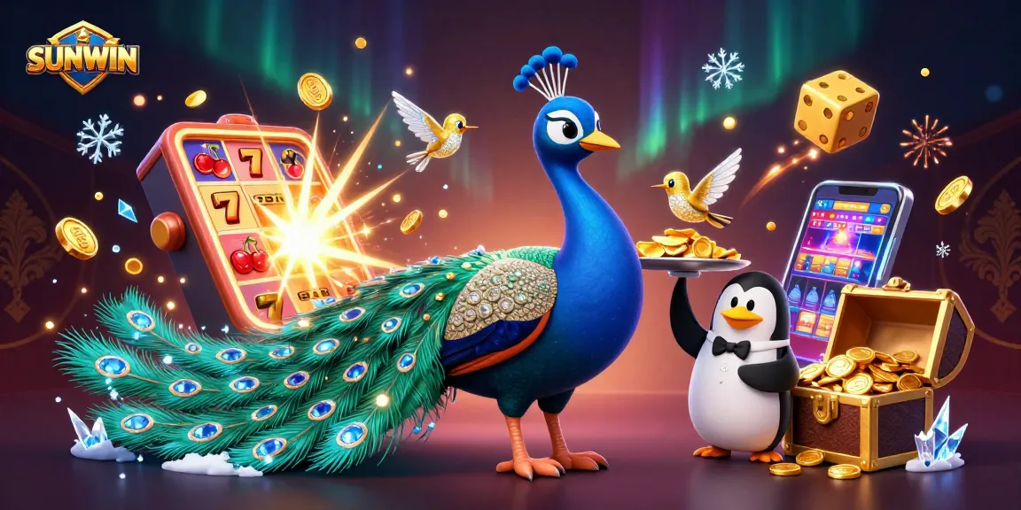 SUNWIN players enjoy vibrant slot games with excitement from a 3D peacock and butler penguin amidst jackpots.