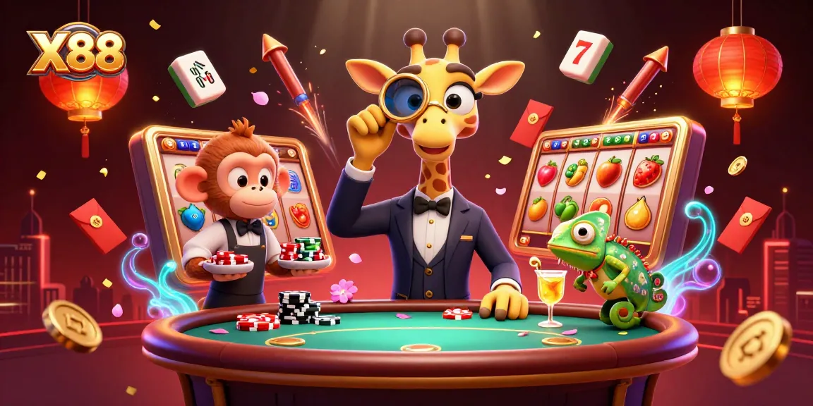 X88 captures the excitement of slots with a giraffe and monkey amidst vibrant game elements.