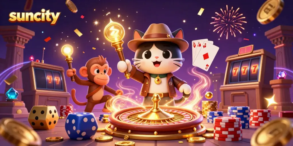 Experience the thrill of Suncity as a cat archaeologist finds a golden casino artifact amid dazzling treasures.