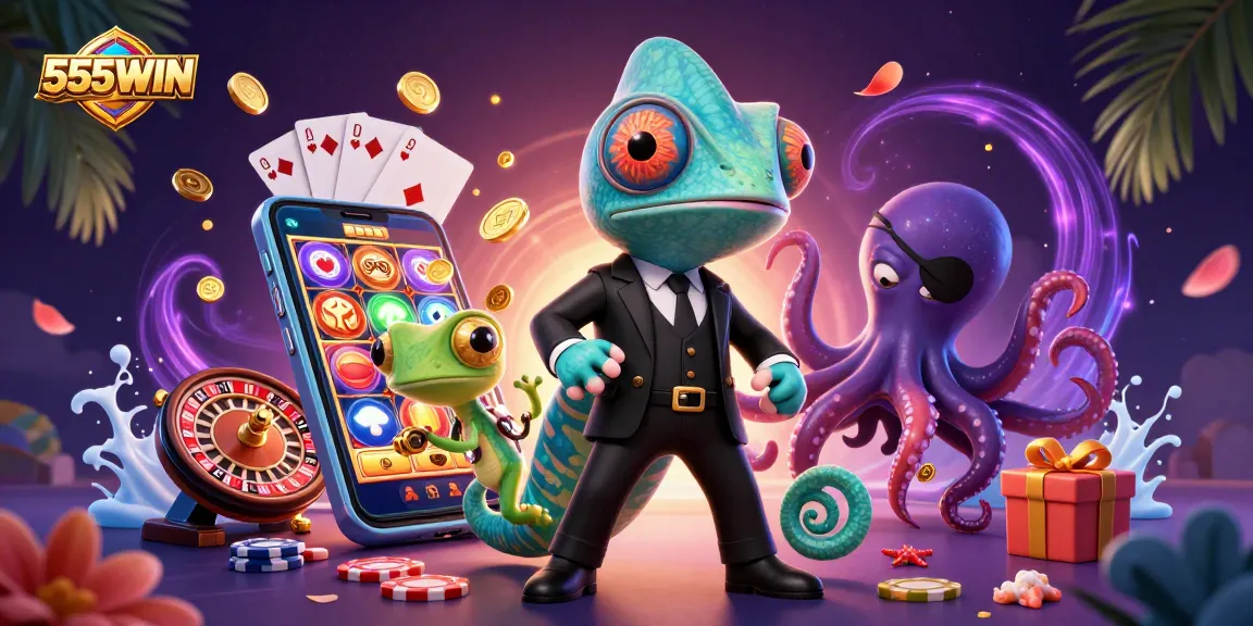 Experience exciting wins with 555WIN in a dynamic 3D casino scene featuring vibrant games and characters.