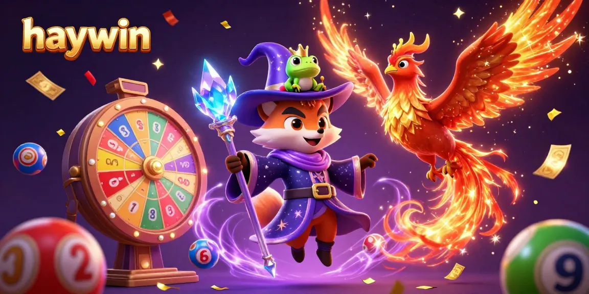 Experience the magic of haywin with a 3D illustration showcasing a wizard fox, phoenix, and dynamic casino game elements.
