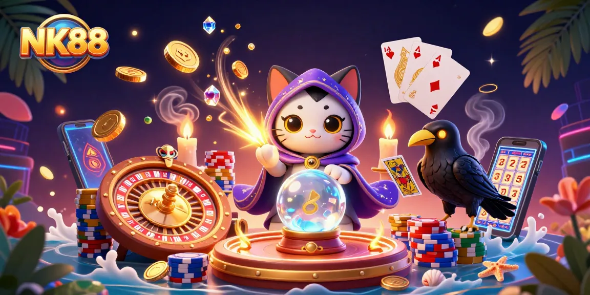 Join NK88 for thrilling casino action featuring a fortune teller cat, glowing raven, and dynamic gambling elements.