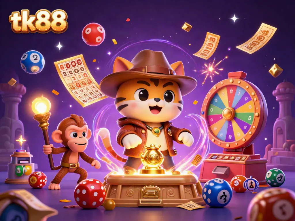 Experience the excitement with tk88 as a cartoon archaeologist cat uncovers treasures in a vibrant casino setting.