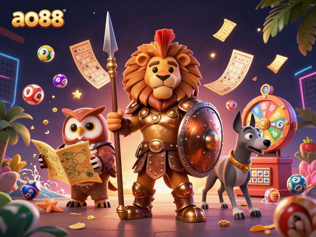 Experience the thrill with ao88's casino adventure featuring a Spartan lion, a tactical owl, and a swift greyhound amidst vibrant game elements.