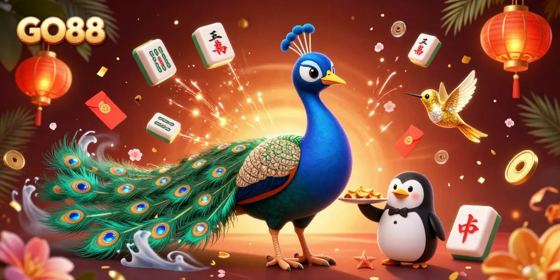 Engage with GO88's vibrant casino scene featuring a peacock, chips, and dynamic game elements.