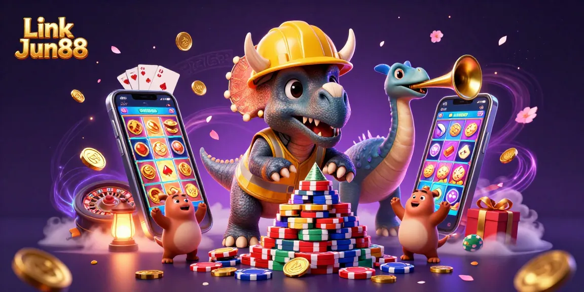 Link Jun88 brings excitement with a triceratops building poker chips in a vibrant casino scene.