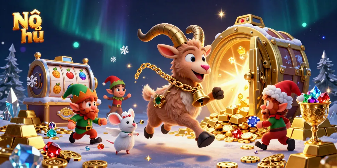 Nổ hũ slot game illustration showcasing festive characters in a lively casino with gold treasures.