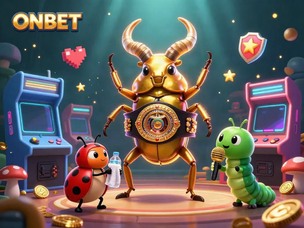 Experience the excitement of ONBET with a vibrant casino-themed 3D illustration featuring a golden stag beetle.