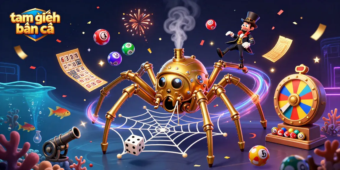 A dynamic scene of tam tiên bắn cá featuring a whimsical golden spider and Victorian fly gentleman immersed in vibrant lottery and casino elements.