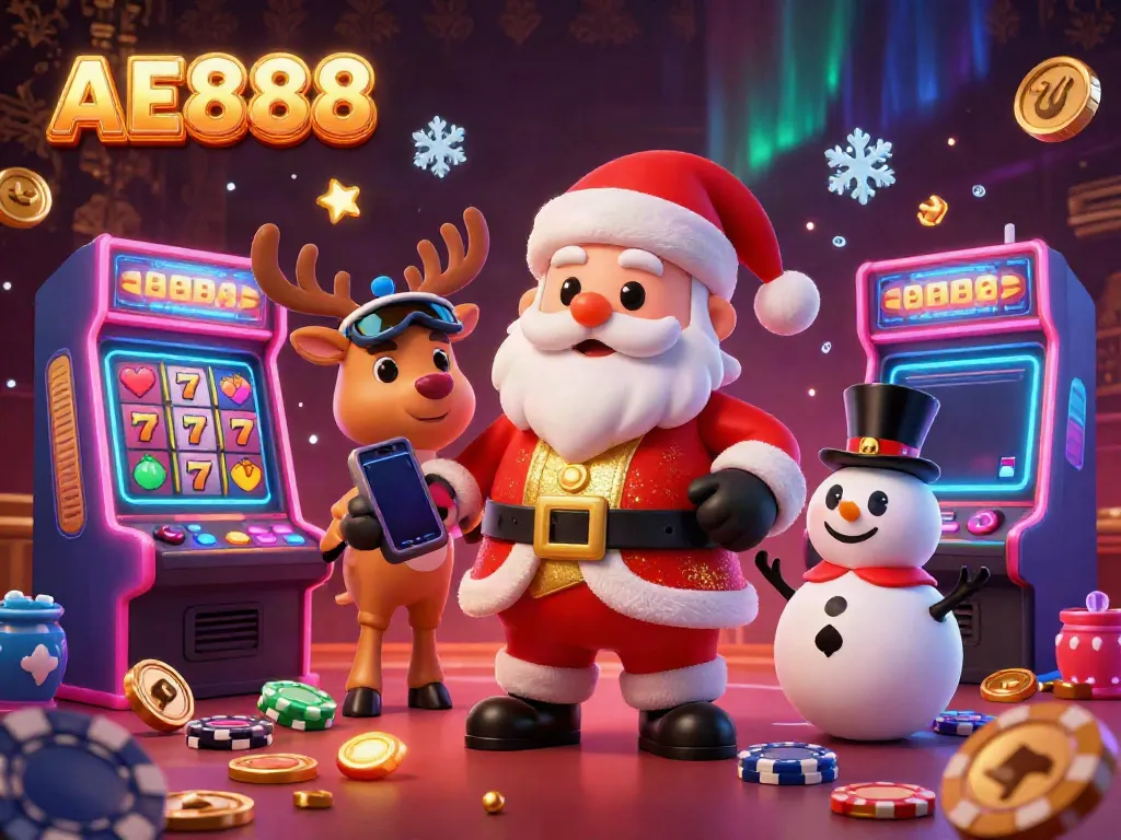 Engage with AE888's vibrant online casino world, showcasing Santa and friends amid exciting game elements.