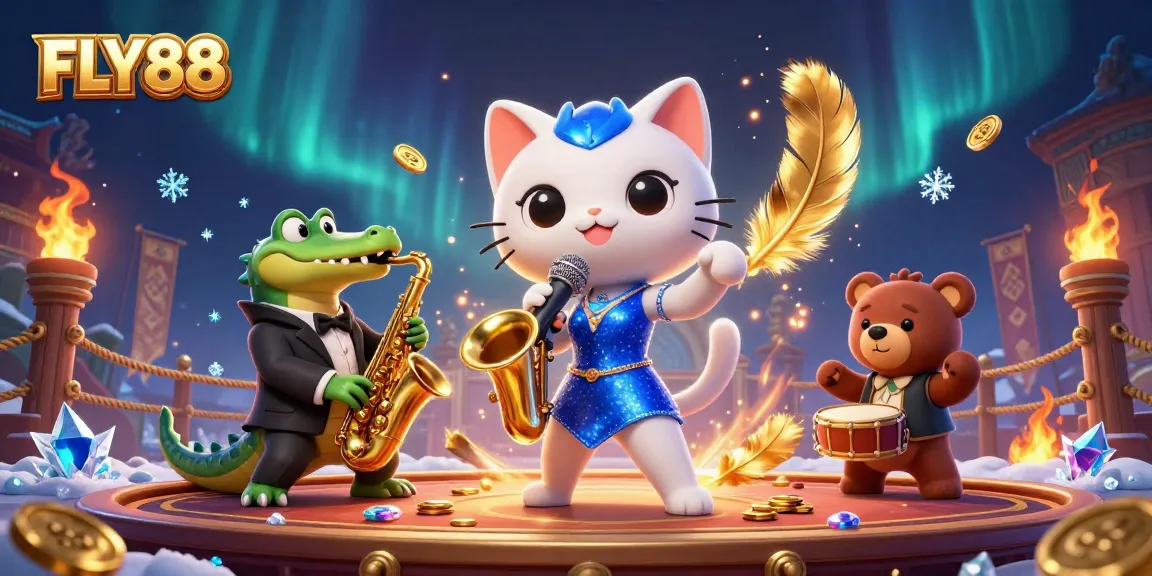 Experience the excitement at FLY88, where vibrant casino characters like a jazzy cat and crocodile perform dynamically.