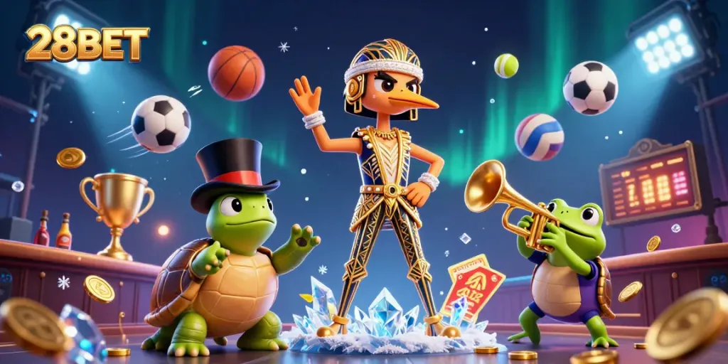 Experience thrilling sports betting with 28BET's vibrant online casino scene featuring unique animated characters.