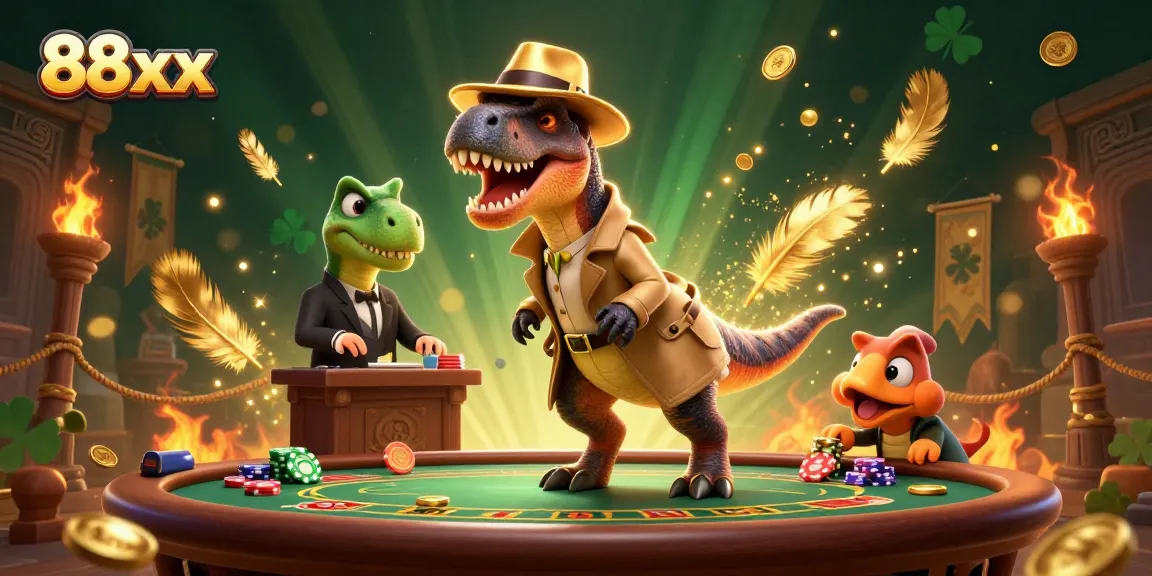 Experience the thrill of 88xx at this cartoon casino scene with playful dinosaur characters.