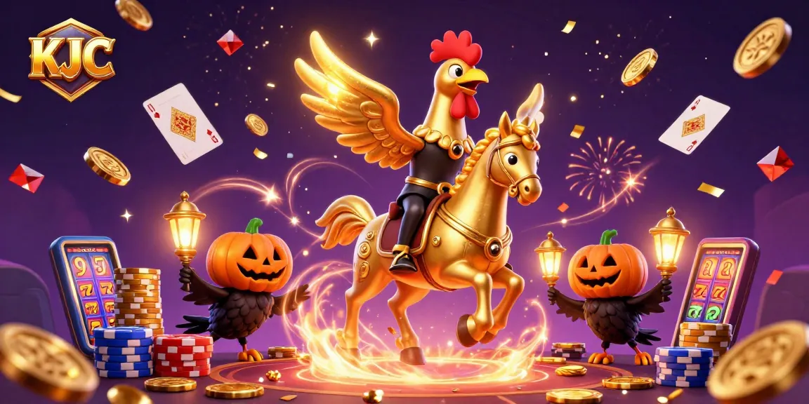 KJC players enjoy vibrant casino action with a golden rooster riding a spectral horse amidst exciting gaming elements.