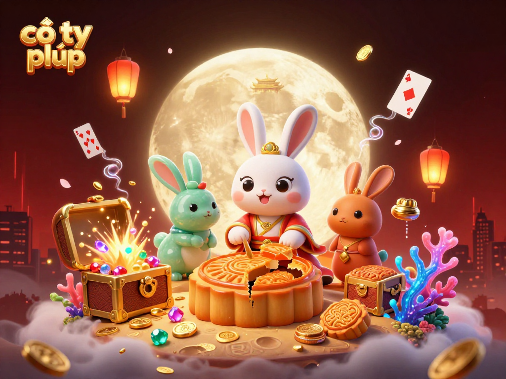 Engage in cờ tỷ phú with a captivating scene featuring a vibrant moon rabbit revealing poker chips amidst treasures.