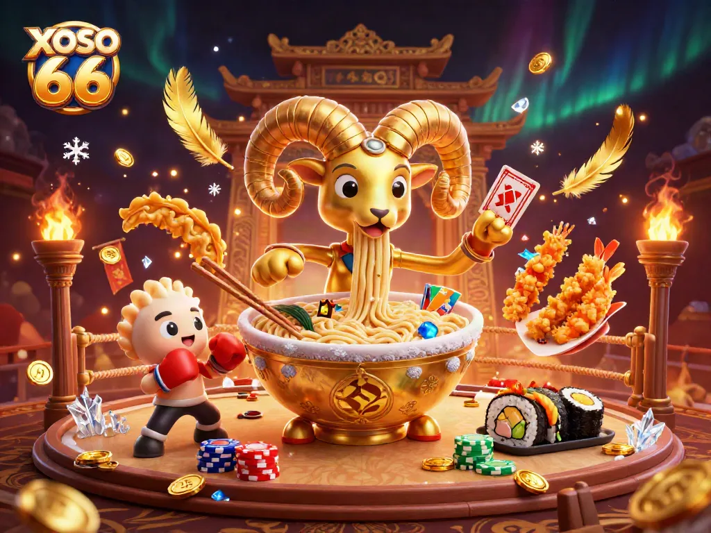 XOSO 66 engages players with a vibrant gaming scene featuring a golden ramen bowl character and dynamic game elements.