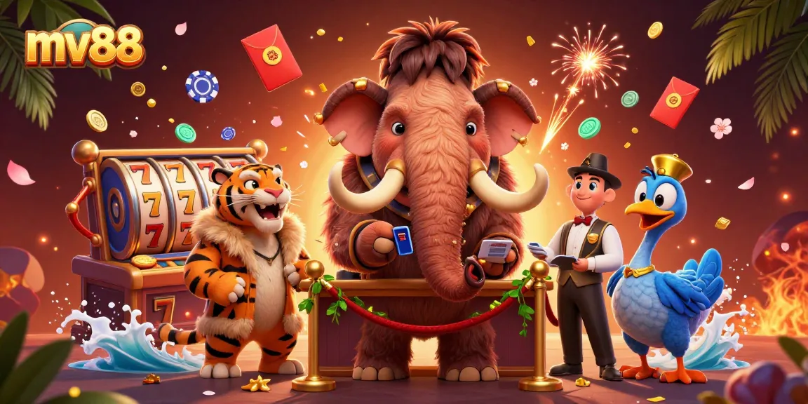 Experience thrilling gaming at mv88 as a woolly mammoth checks IDs at the casino entrance.