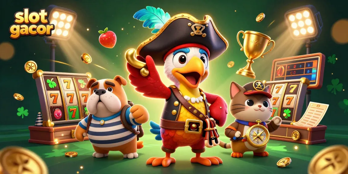 Slot gacor menyajikan ilustrasi bertema kasino dengan karakter kartun dalam suasana gemerlap dan elemen permainan.