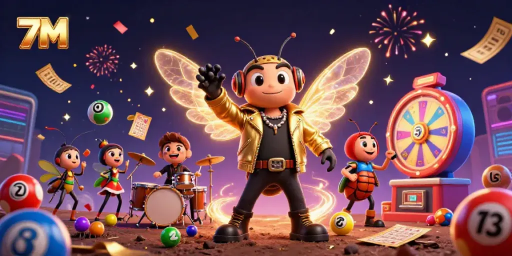 Engage with 7M in a dynamic casino scene featuring a cartoon cicada rock star and vibrant gambling elements.