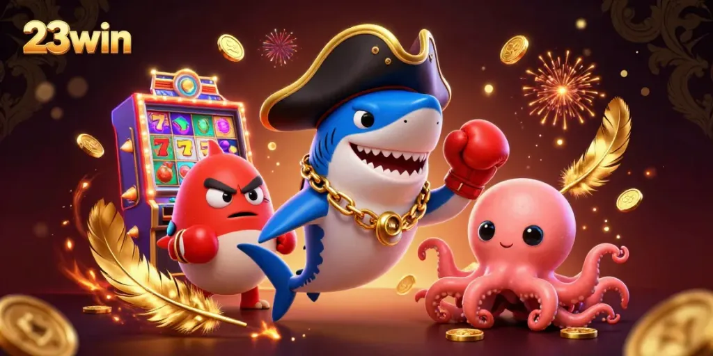 Play exciting games with 23win, featuring animated pirate shark and friends surrounded by slot elements.