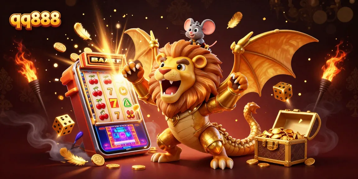 Experience the thrill of qq888 with a lively casino scene featuring a triumphant chimera and jackpot overflowing.