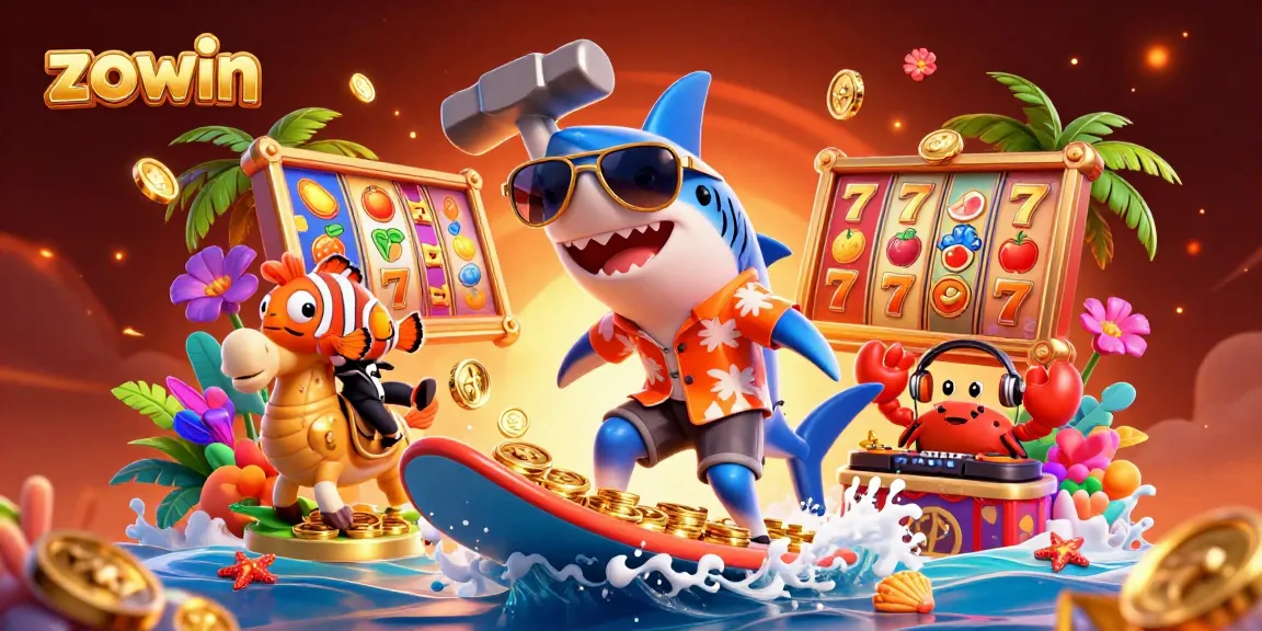 Zowin the shark triumphantly surfs on gold coins, surrounded by vibrant slot elements.