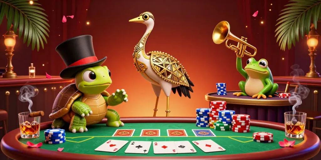 Experience 88vbet's vibrant casino scene with a flapper crane and a top-hat turtle amidst poker excitement.