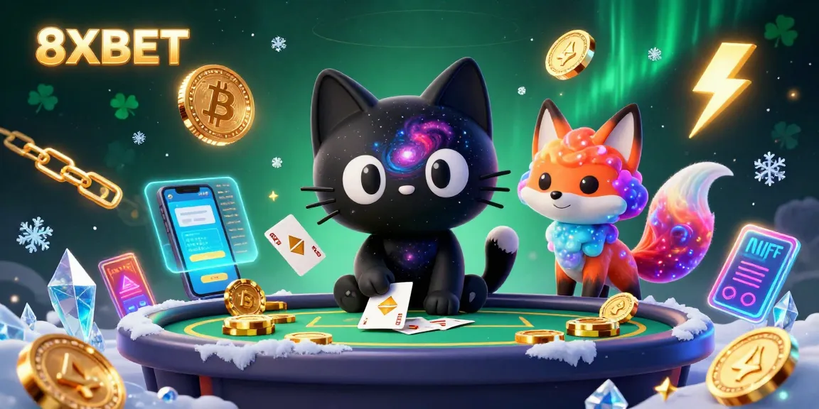 Experience dynamic wins at 8XBET with a cosmic casino scene featuring a black hole cat winning golden chips.
