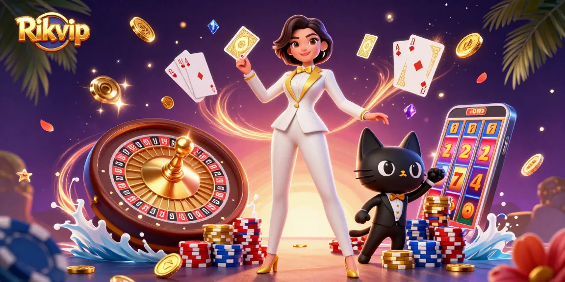 Experience the thrilling fun of Rikvip with an engaging card game scene filled with vibrant casino elements.