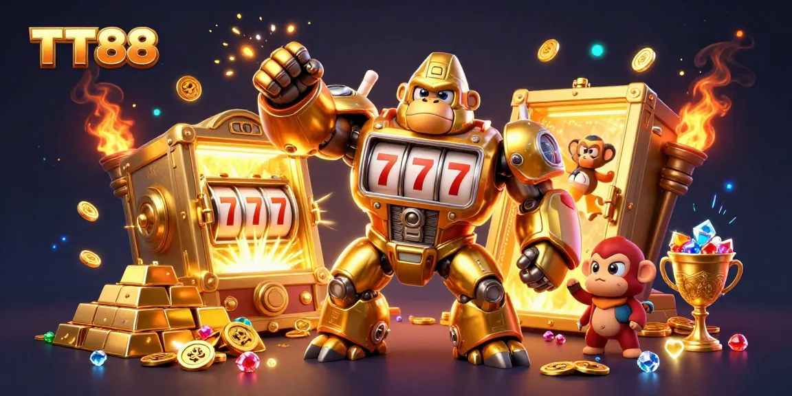 Engage with TT88's vibrant scene featuring a golden gorilla mech amidst dazzling treasures and casino symbols.