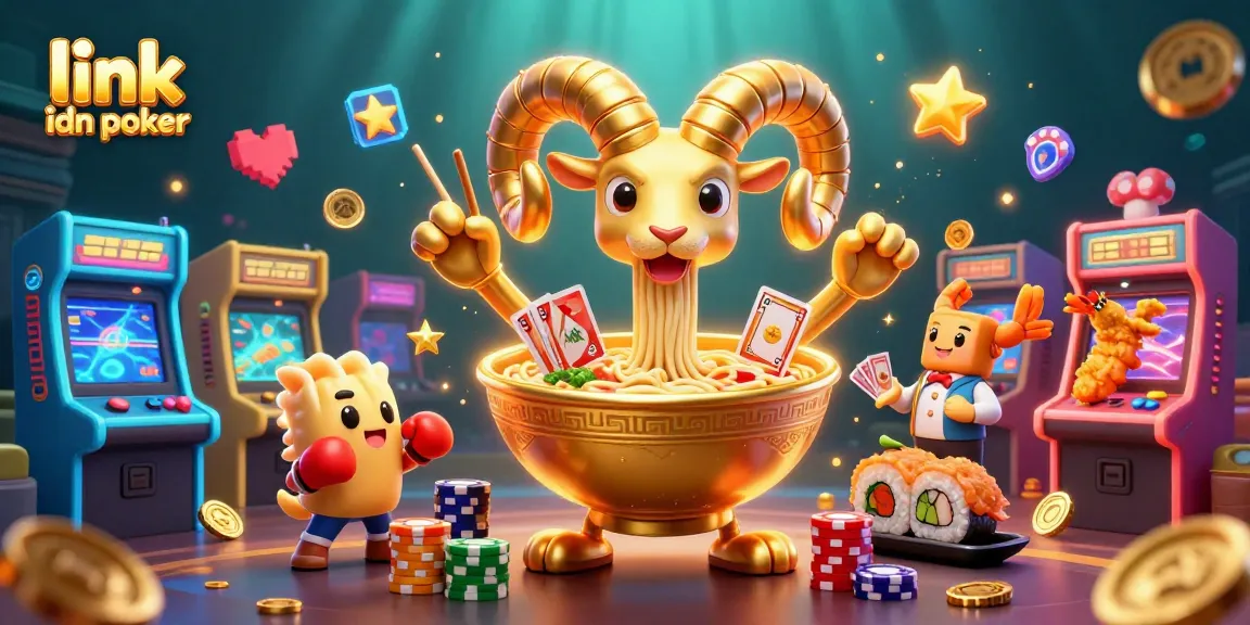 Menggoda pemain dengan link idn poker, ilustrasi kasino 3D yang penuh warna dan karakter kreatif.
