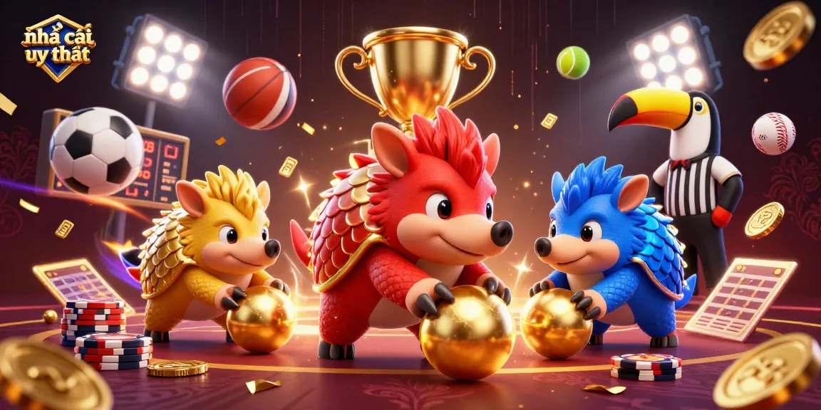 Bet on nhà cái uy tín with a vibrant illustration of competing pangolins and dynamic sports elements.