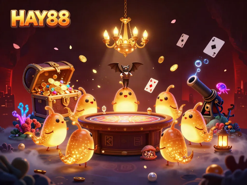 Experience the thrilling HAY88 casino with glowworms and a bat dealer in a lively scene.