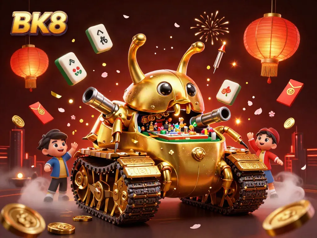 Experience BK8's vibrant casino atmosphere with a golden beetle tank illustration, packed with action and lucky symbols.