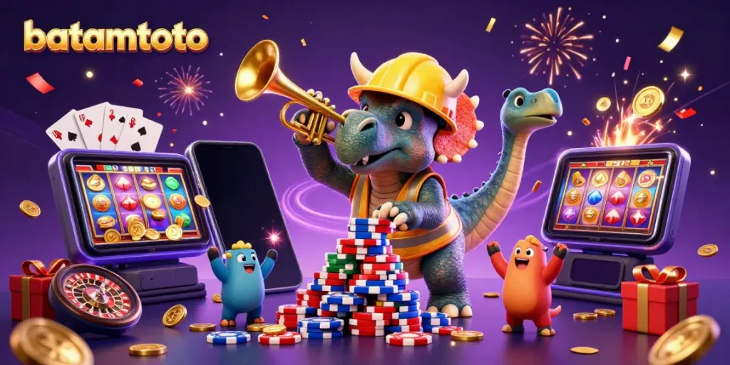 Engage with batamtoto in this fun-filled 3D illustration featuring a triceratops building poker chip pyramids while celebrating.