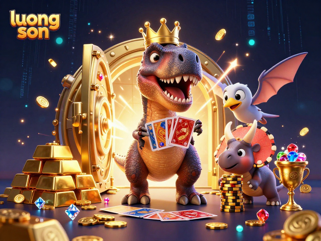 Experience luong son action in a vibrant 3D casino scene with characters shuffling cards and stacking chips.