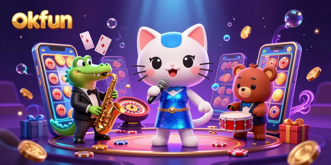 Experience thrilling slot games with okfun in this vibrant casino scene filled with dynamic characters.