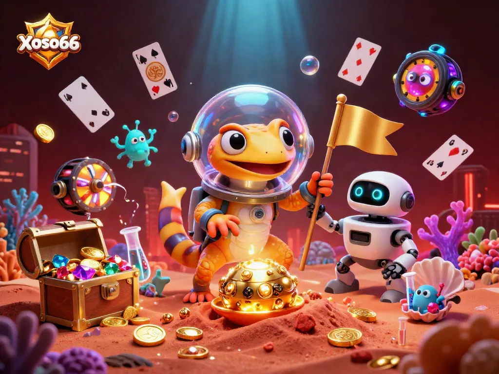 Xoso66 showcases a vibrant 3D casino illustration with a Martian gecko discovering a golden casino filled with colorful gems.