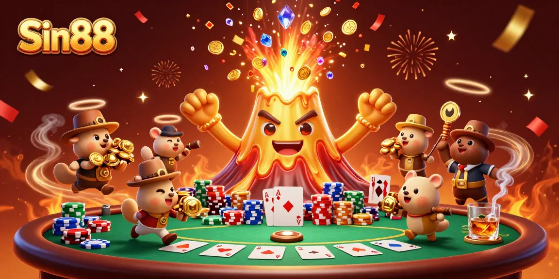 Experience thrilling gameplay at Sin88 with a triumphant golden volcano and poker excitement!