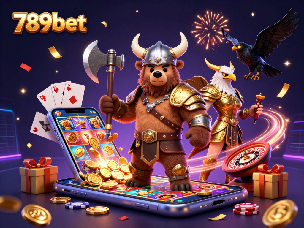 Experience thrilling gaming excitement with 789bet featuring a Viking bear, Valkyrie eagle, and dynamic casino elements.