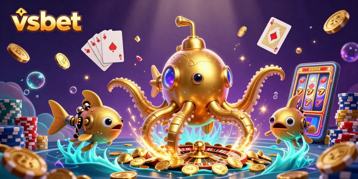 Experience gaming excitement at vsbet with a vibrant illustration of a golden kraken submarine amidst jackpots and riches.