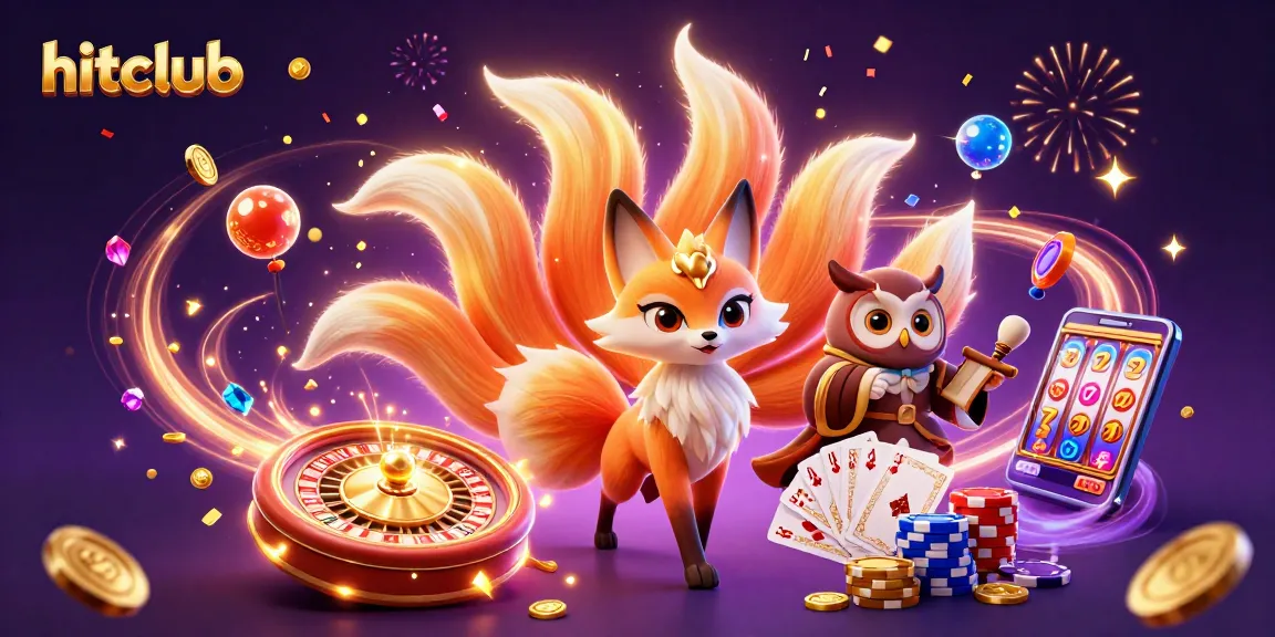 Hitclub showcases colorful animated casino elements including a nine-tailed fox, coins, and playing cards for gaming excitement.
