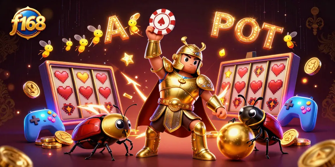 Win big with f168 as cartoon hercules beetle raises a poker chip, surrounded by vibrant slot game elements.