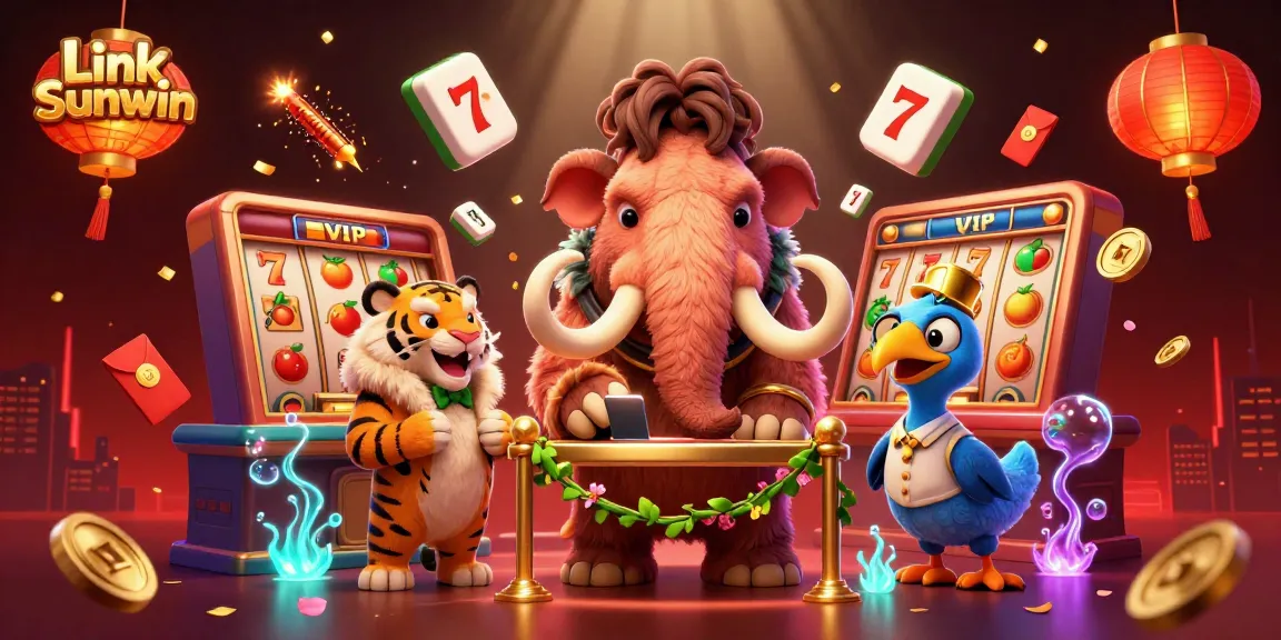 Experience dynamic excitement as Link Sunwin reveals a vibrant casino scene with iconic characters and game elements.