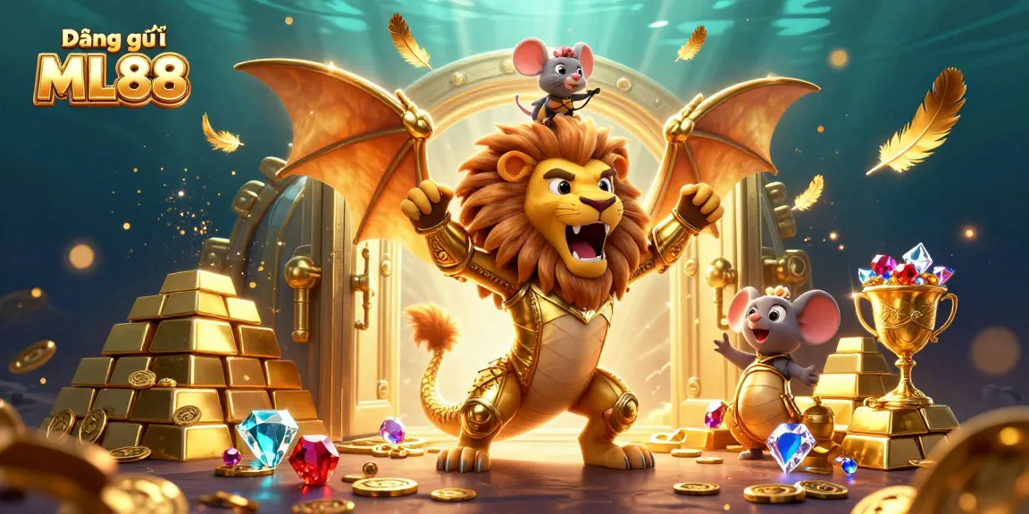 Experience thrilling gaming action with Đăng ký ML88 at a lively casino, featuring vibrant characters and treasure.