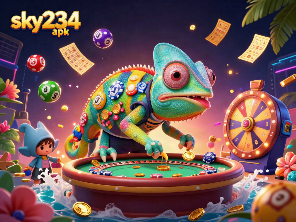 Experience fortune with sky234 apk as vibrant lottery balls bounce around a colorful casino scene.