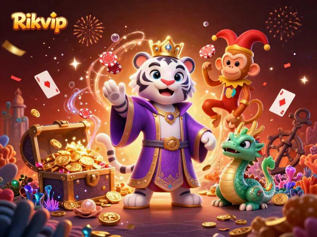 Playful scene featuring Rikvip characters in a carnival of colors, celebrating with casino-themed elements.