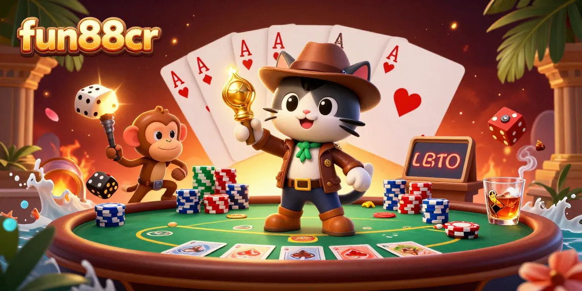 Win big with fun88cr in a vibrant casino adventure scene featuring a treasure-hunting cat and monkey!