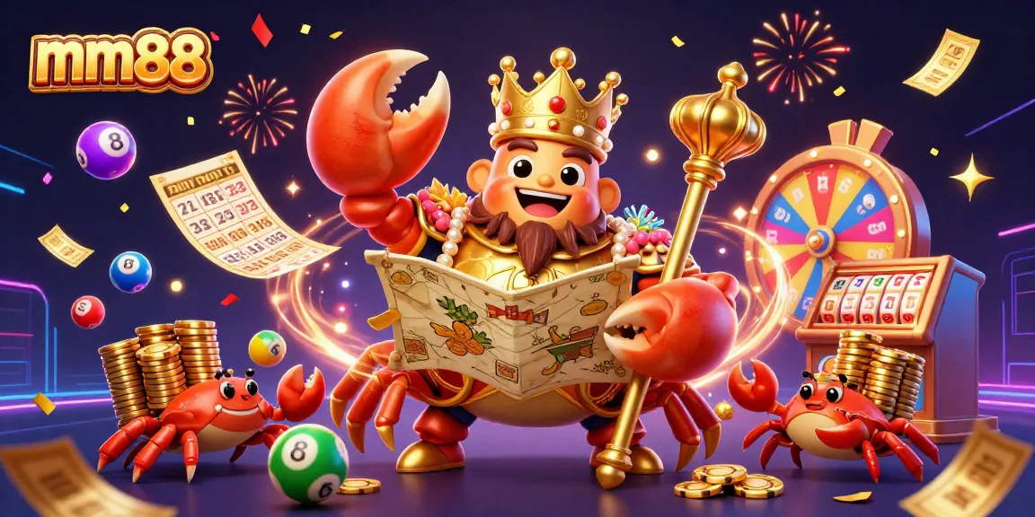 Experience high-energy gaming action with mm88, featuring a lavish crab emperor surrounded by colorful lottery elements.